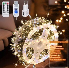 Гирлянда мишура "Роса", 50м, с пультом, 1500 LED, от USB и сети 220V, 8 режимов, Теплый Белый с Flash