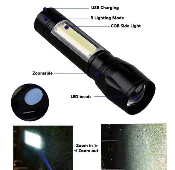 Фонарь светодиодный аккумуляторный USB, XPE+COB, BL-513 с боковым светом, корпус металл