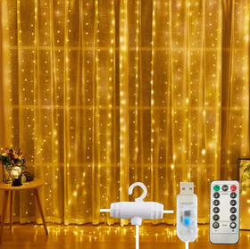 Новорічна гірлянда Штора. 3*3 метри Колір Теплий-Білий (жовтий) "Світлодіодні нитки" USB + пульт ДУ з гачками