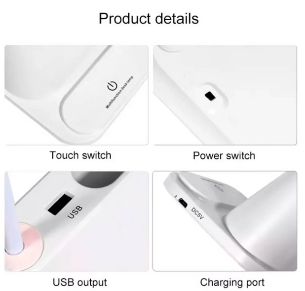 Настольная светодиодная лампа 3в1 со встроенным аккумулятором и PowerBank 2 режима свечения подставка для ручек сенсорное включение гибкая лампа подставка для телефона