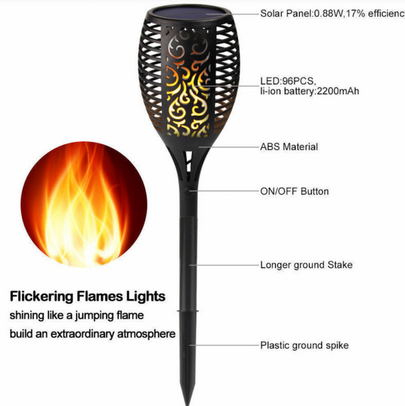 Садовый водонепроницаемый фонарь на солнечной панели, 1шт, 52 см, факел с эфектом пламени