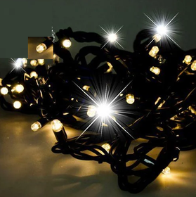 Светодиодная гирлянда нить для улицы (100LED, 10м, IP65, черный провод, мерцающая), цвет теплый белый