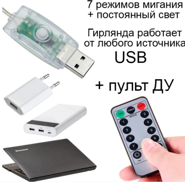 Світлодіодна гірлянда штора роса на дроті 2х2 м 160 LED пульт + USB теплий білий