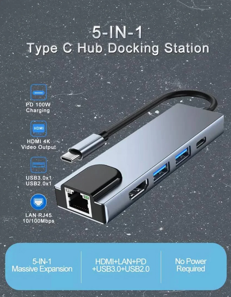 USB-hub хаб адаптер переходник 5-в-1 |Type-C to USB3.0*1/USB2.0*1/Type-C/HDMI/LAN RJ45| Серый