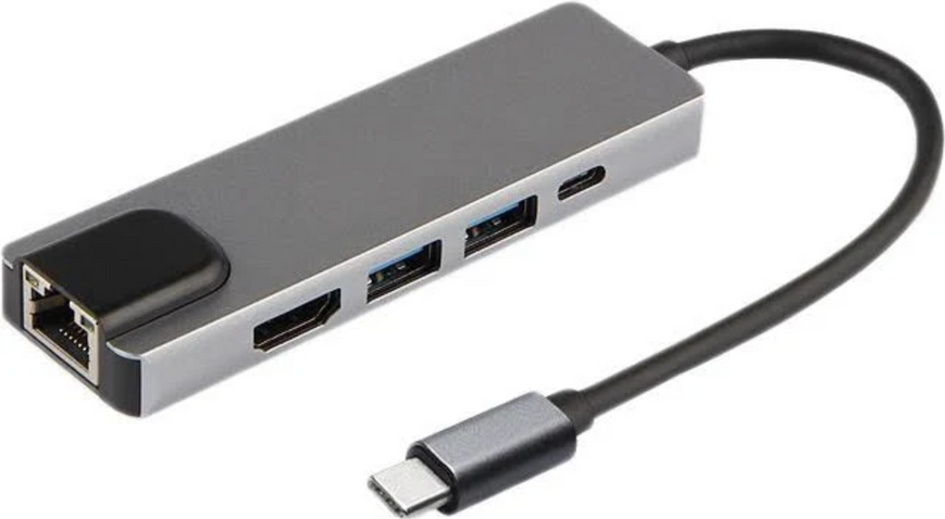 USB-hub хаб адаптер перехідник 5-в-1 Type-C to USB3.0*1/USB2.0*1 Сірий