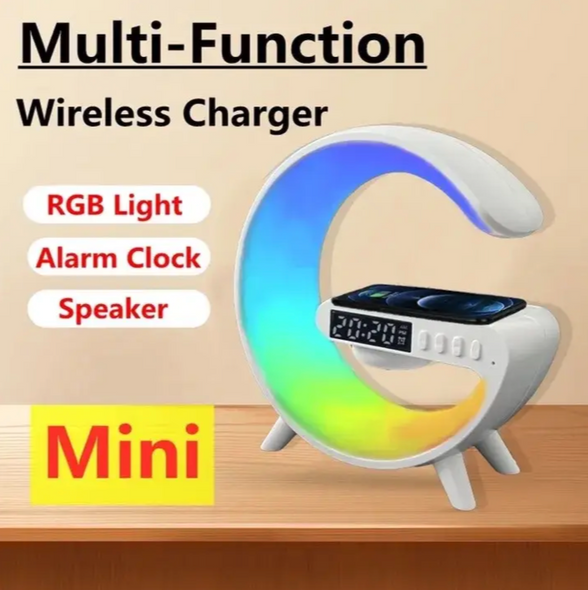 Ночник аккумуляторный RGB Mini G 63 с беспроводной зарядкой 15 W и колонкой Bluetooth Настольная смарт лампа