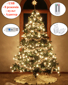 Гірлянда новорічна світлодіодна Кінський хвіст Промінь Роса 200 LED 2м 10 ниток, 8 режимів від USB+пульт, адаптер. Теплий білий