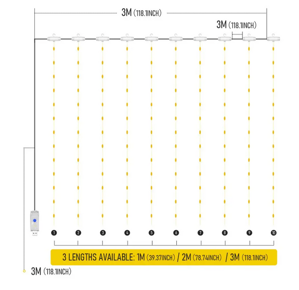 Гирлянда штора 300 лед 3х3 метра с крючками и пультом. Цвет теплый белый.