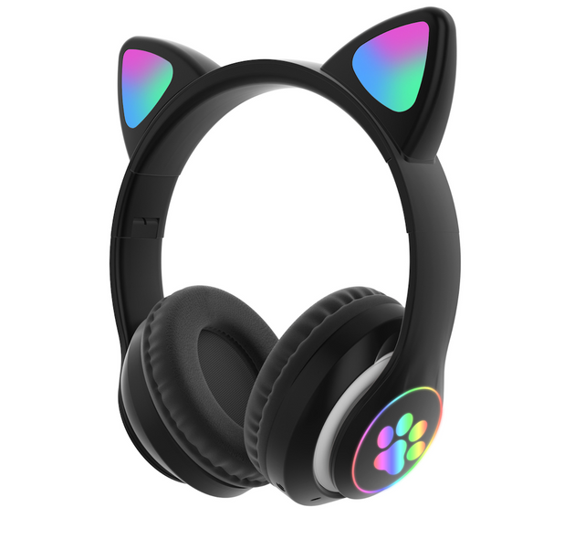 Беспроводные наушники с ушками с микрофоном Cat Ear светящиеся ушки и лапки кошки Bluetooth складные (Черные)