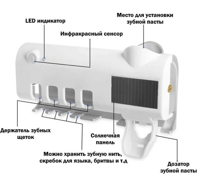 Тримач диспенсер для зубної пасти та щіток автоматичний УФ-стерилізатор Toothbrush sterilizer білий