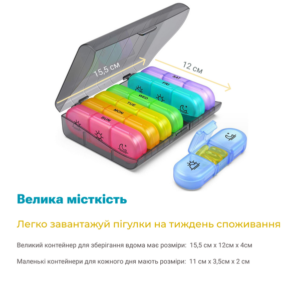 Таблетниця органайзер на 7 днів із пластику в контейнері для таблеток