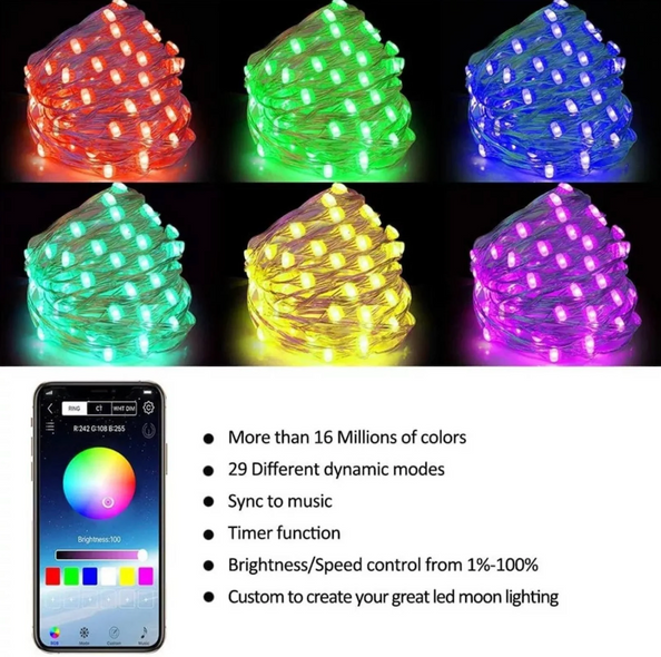 Светодиодная смарт-гирлянда нить 10 м 100 LED RGB управление через приложение в телефоне